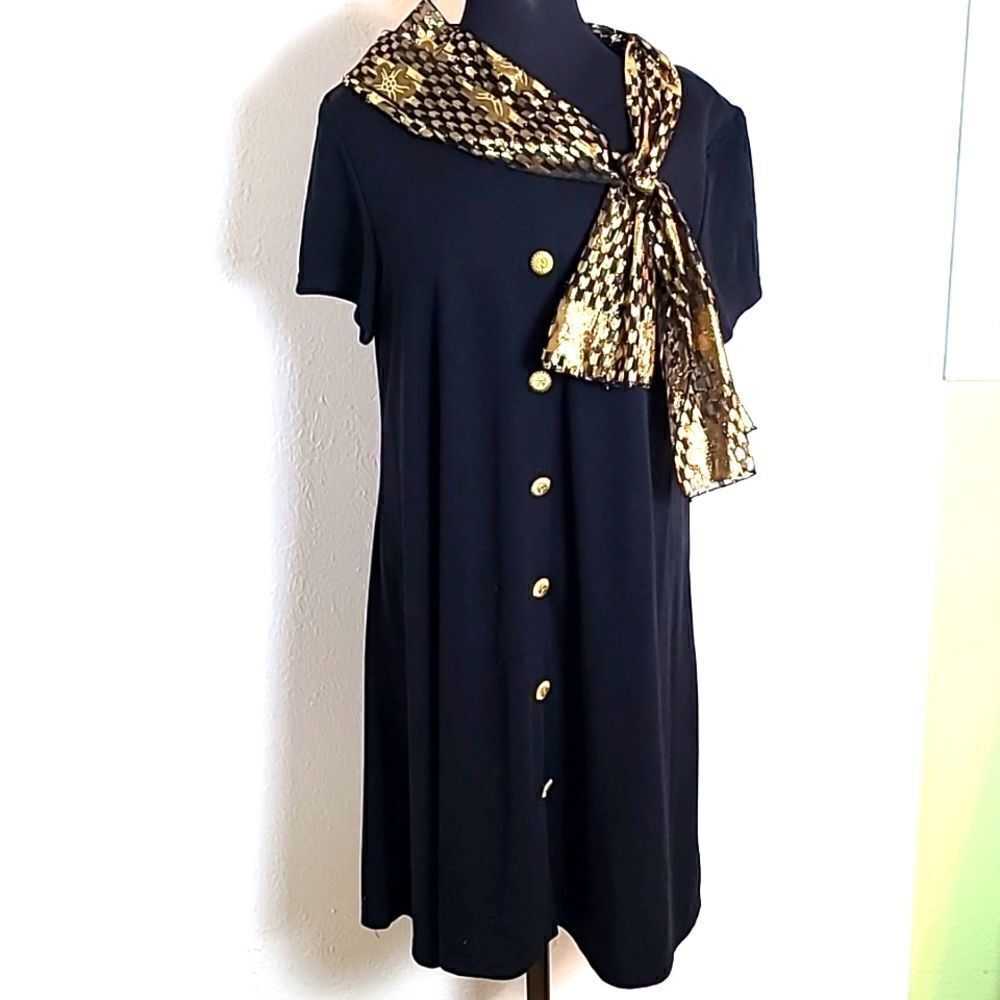 Bedford Fair Black Dress with Gold Buttons & a Gold Shiny Scarf, Size XL-P